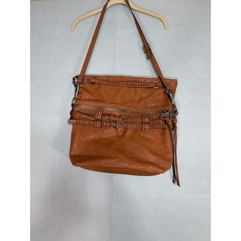 Cognac Faux Leather Moto Crossbody Bag Tassel Buckle Detail Brown Hobo Large